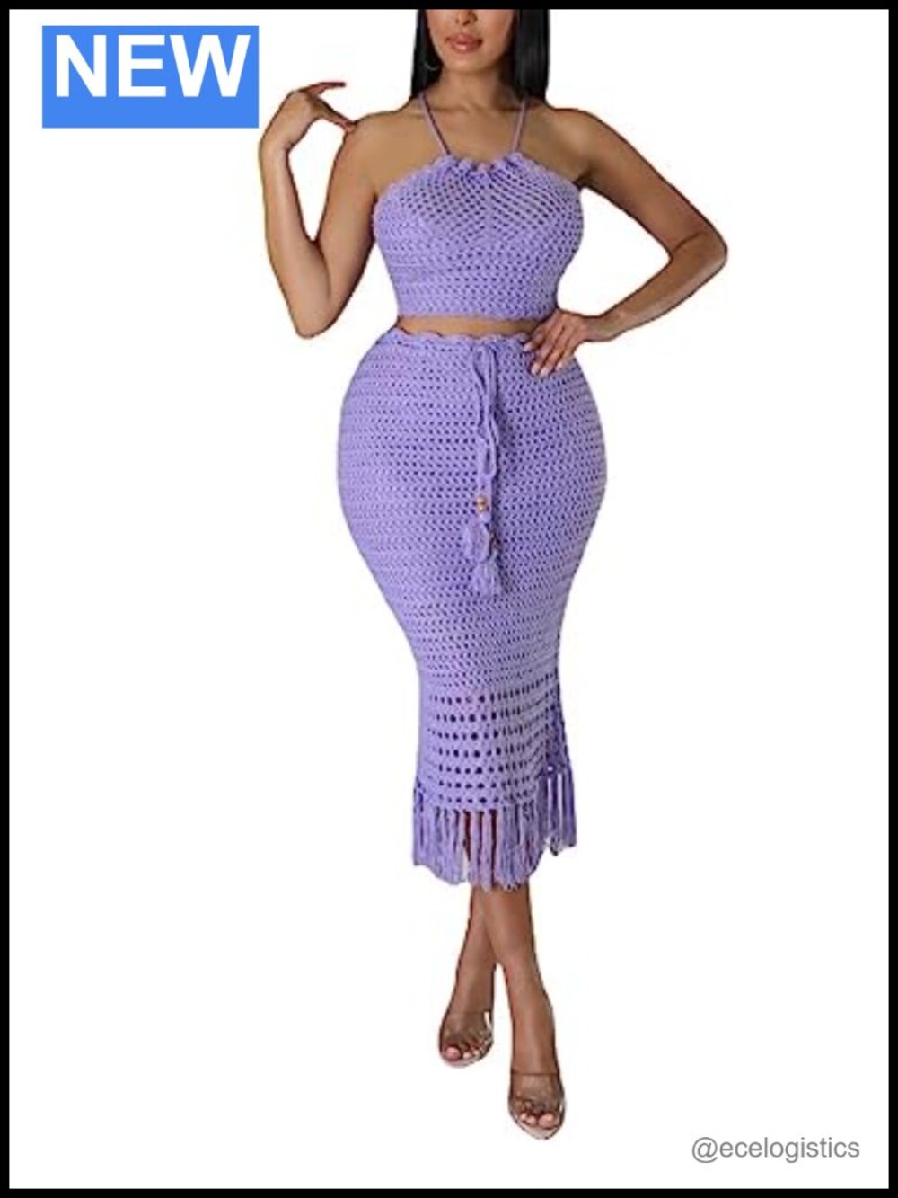 Women Plus Size Two-Piece Skirt Set Tassel Knitted Hollow Out Off Shoulder